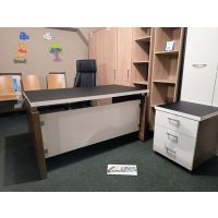 Meblarz - MOWBOX Biurko Gabinetowe z Kontenerem | Orzech Okapi | Biały Połysk | Czarna 3D Struktura | 180x80x75h cm | DOSTĘPNE OD RĘKI